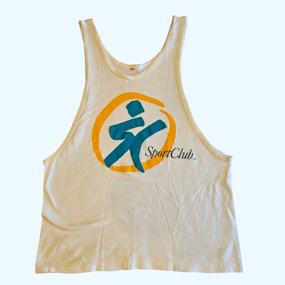 Vintage 80s SportClub Single Stitch Tank Top Cream Graphic Muscle Shirt Mens M